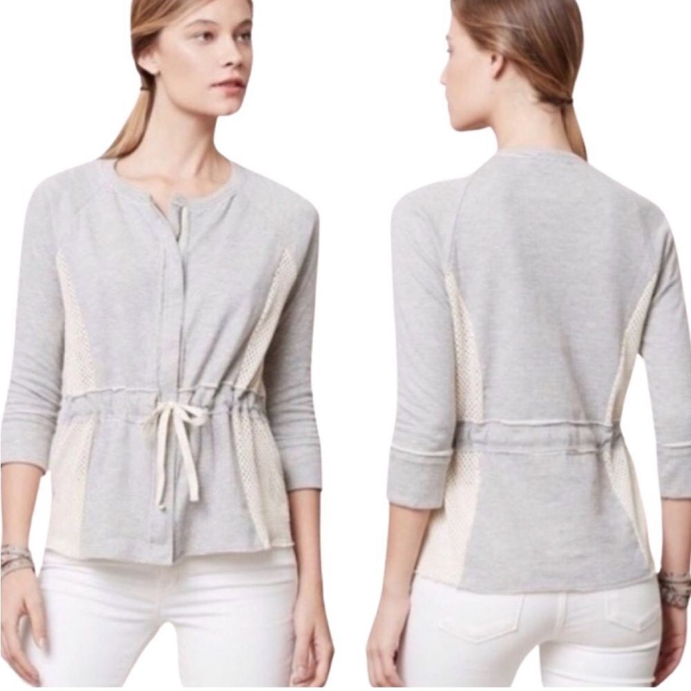 Anthropologie Dolan Gray Cream Full Zip Cinched Waist Sweater Jacket Size Large